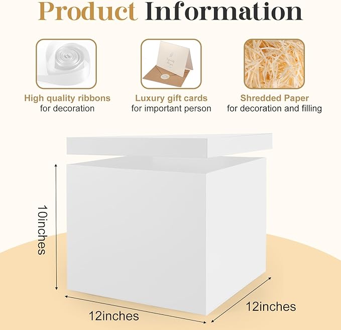 Donyang Gift Box, 12x12x10 inches Large White Gift Boxes for Presents with Lids, Birthday Box, Groomsman Proposal Box, for Wedding, Valentine's Day, Mother's Day, Halloween, Christmas Gift Packging
