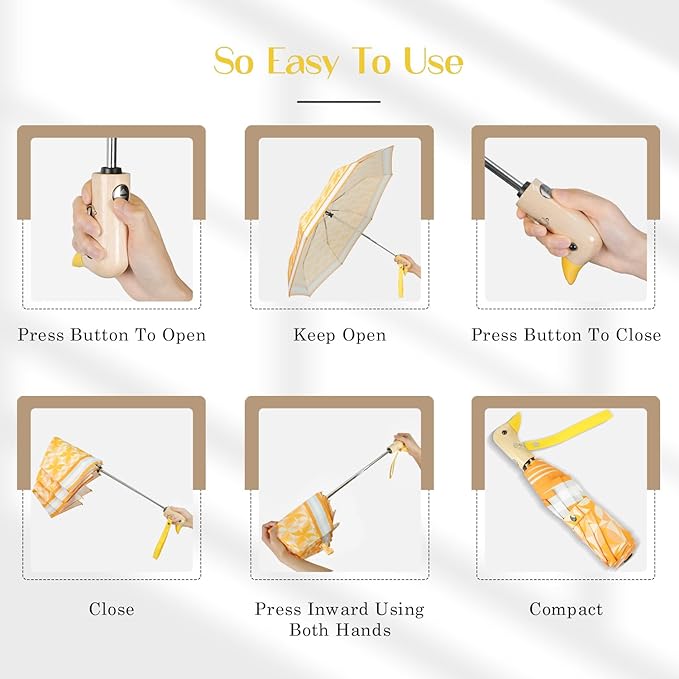 Cute Duck Umbrella Automatic - Compact Pretty Pocket Size Strong Duck Collapsible Umbrella Yellow Wooden Handle for Women