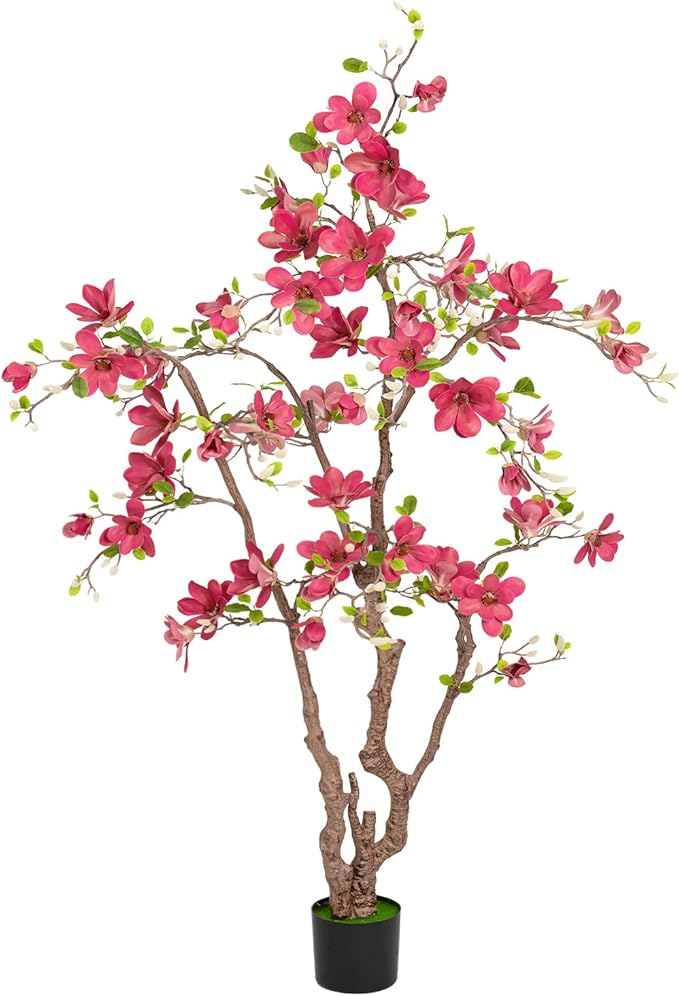 Faux Magnolia Tree 6.8 ft - with 57 Pcs Fuchsia Flowers - Tall Artificial Plants Indoor, Large Fake Plant Perfect Potted Magnolia Flower Decor for Living Room, Stairs, Shop, Porch, Study Room
