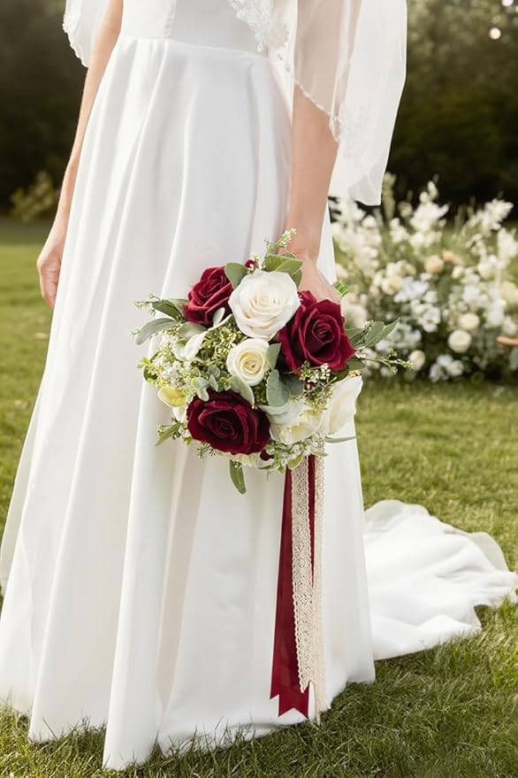 Burgundy & White Wedding Bouquets for Bride Bridesmaids, Bridal Bouquet for Wedding Silk Artificial Flowers