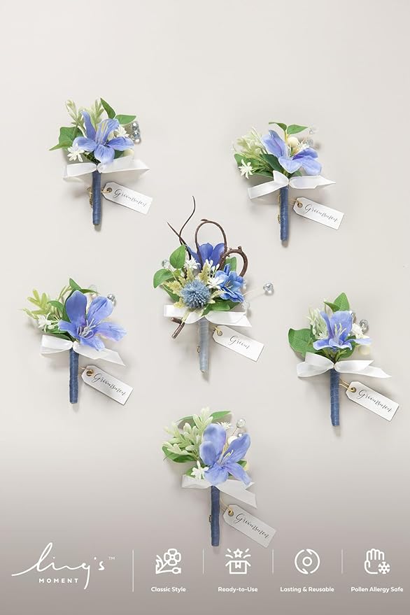 Ling's moment Boutonniere for Men, 6pcs Groom Groomsmen Boutonniere, Artificial Flowers for Wedding Decor/Prom/Homecoming, etc.Provence Blue Berry