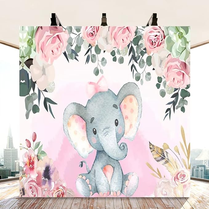 AOFOTO 8x8ft Pink Flowers Elephant Baby Shower Backdrop for Girl Sweet Floral Gender Reveal Background for Photography Kids Infant Birthday Party Banner Cake Table Decoration Photo Studio Props Vinyl