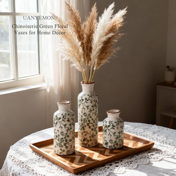 Ceramic Vase Set of 3 - Modern Chinoiserie Green Floral Decorative Vases for Home Decor, Rustic Farmhouse Boho Vases for Living Room, Mantel, Dining Table, Bookshelf, Kitchen or Entryway Decoration