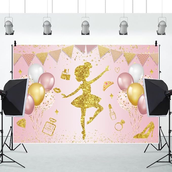 Renaiss 8x6ft Ballerina Princess Backdrop Pink Gold Shiny Elegant Fairy Ballet Dancer Photography Background for Girl Baby Shower Birthday Party Decor Banner Photo Studio Props