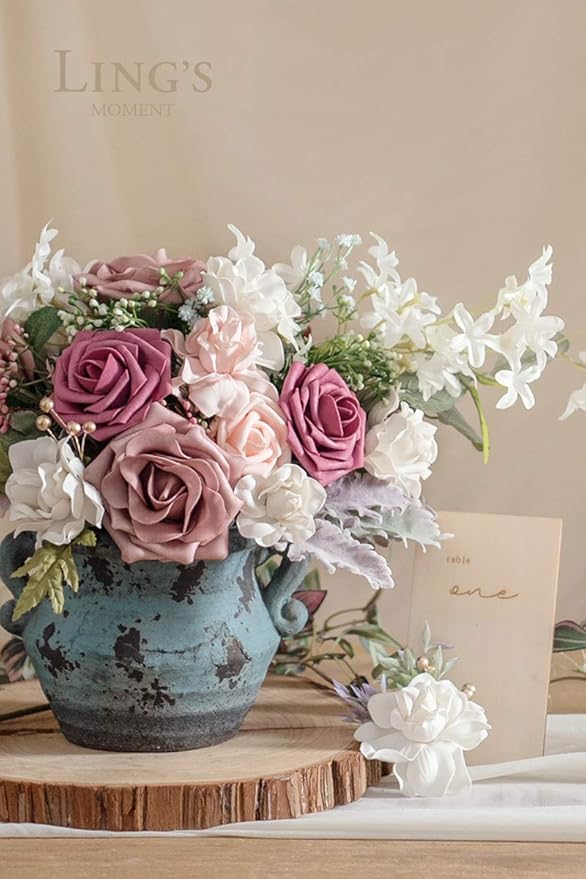 Ling's moment Artificial Flowers 50Pcs Mauve Roses Decor w/Stems,3" Real Touch DIY Foam Floral for Wedding Bouquet/Centerpieces, Outdoors Party Backdrop, Room/Table, and Garden/Pot Decorations