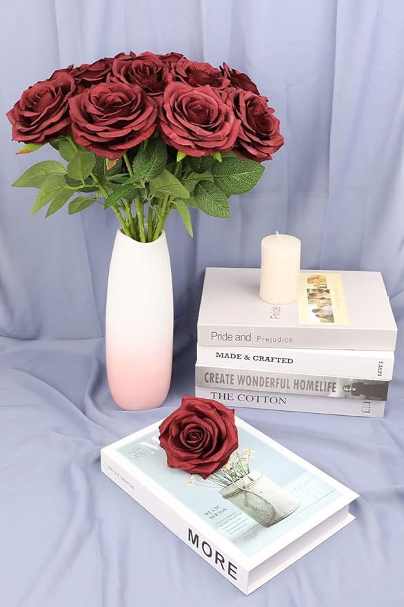 Artificial Rose Flower Burgundy Rose Flower Silk Flowers 12 pcs with Long Stem Silk Roses Bouquet for Wedding Bridal Shower Party Home Decoration