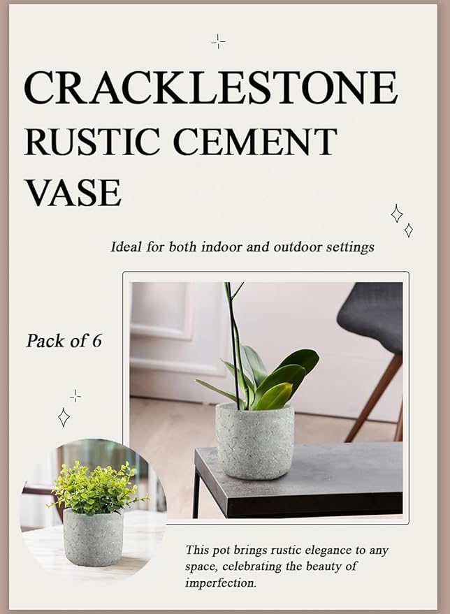 Serene Spaces Living CrackleStone Rustic Cement Vase, Decorative Planter with Cracked Texture, Perfect for Succulents, Small Plants, or Floral Arrangements, 7" Diameter & 6" Tall, Pack of 6