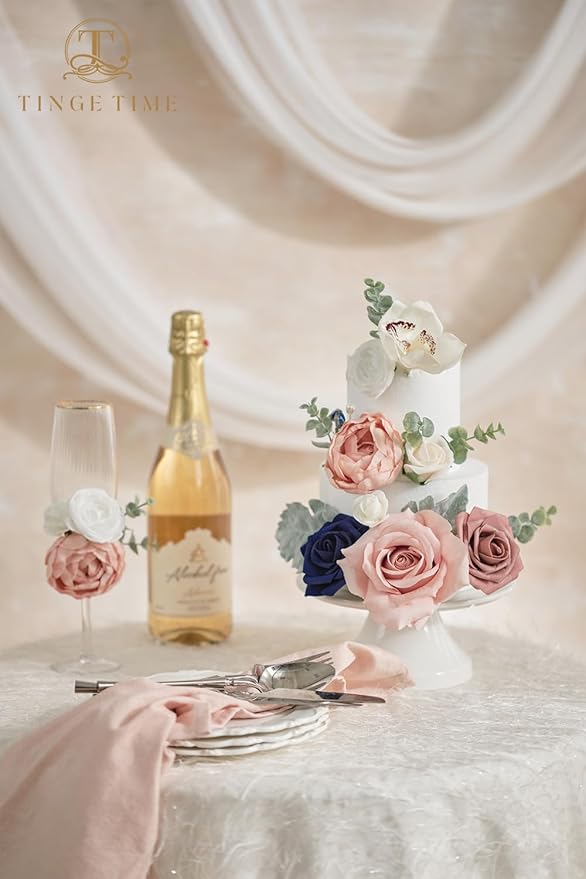 TINGE TIME Artificial Flowers Combo Mix Silk Flowers Pink Roses w/stem for DIY Wedding Bridal Bouquets Baby Shower Floral Arrangement Table Centerpieces Home Decorations (Navy Blue & Dusty Rose)