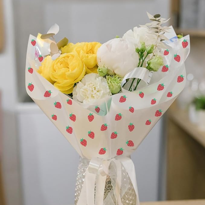 HLTOO 20 Sheets Flower Wrapping Paper, Bouquet Floral Packaging Paper with Strawberry Pattern, for Wedding, Party, Mother's Day, Birthday, and DIY Craft Florist Supplies (White)