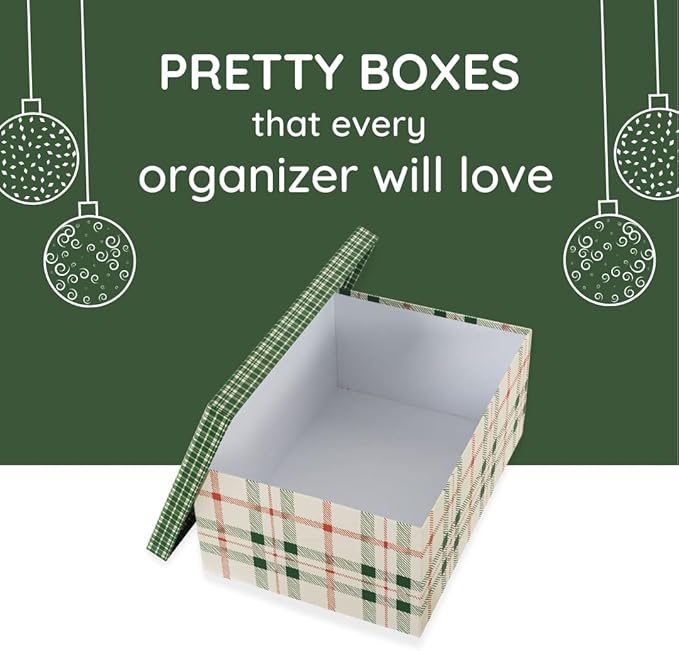 Soul & Lane Plaid Christmas Gift Box - Set of 3: Holiday Decor Storage Box, Decorative Photo Storage, Keepsake Boxes with Lids, Nesting Cardboard Containers for Presents, Seasonal Décor Bins