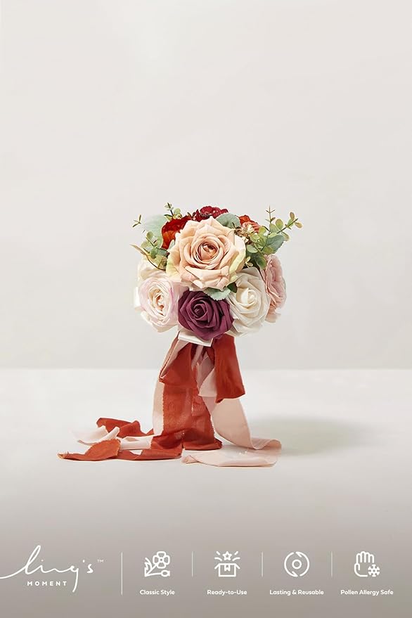 Ling's moment Artificial Flowers Burnt Orange Bridesmaid Bouquet Set of 4, Wedding Flowers Bouquets for Bridesmaids, 7 Inch Bridal Bouquets for Bridesmaids, Wedding, etc