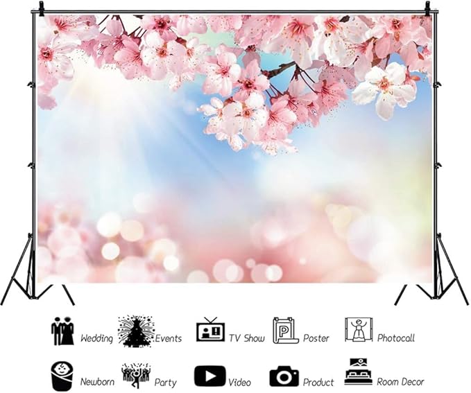 Renaiss 12x8ft Cherry Blossom Floral Backdrop Pink Flower Sunshine Bokeh Romantic Nature Scenery Photography Background for Wedding Bridal Shower Birthday Party Decor Photo Booth Props