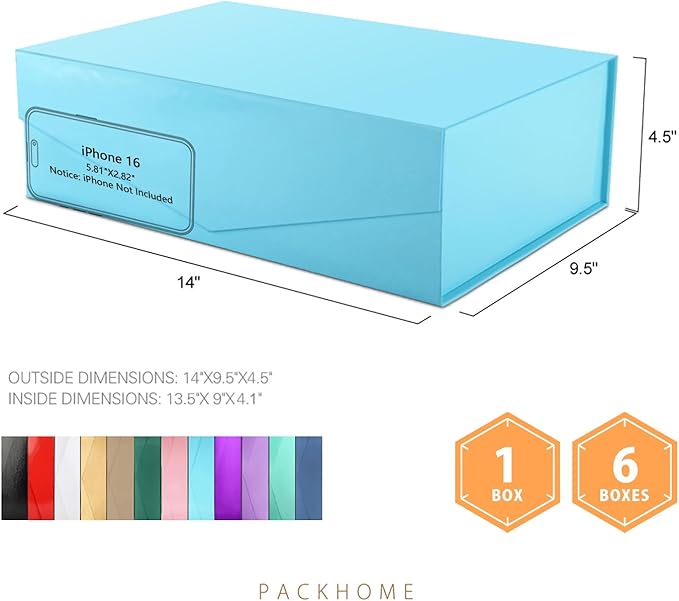 PACKHOME 6 Large Gift Boxes with Lids 13.5x9x4.1 Inches, Sturdy Collapsible Gift Boxes with Magnetic Closure (Glossy Blue)