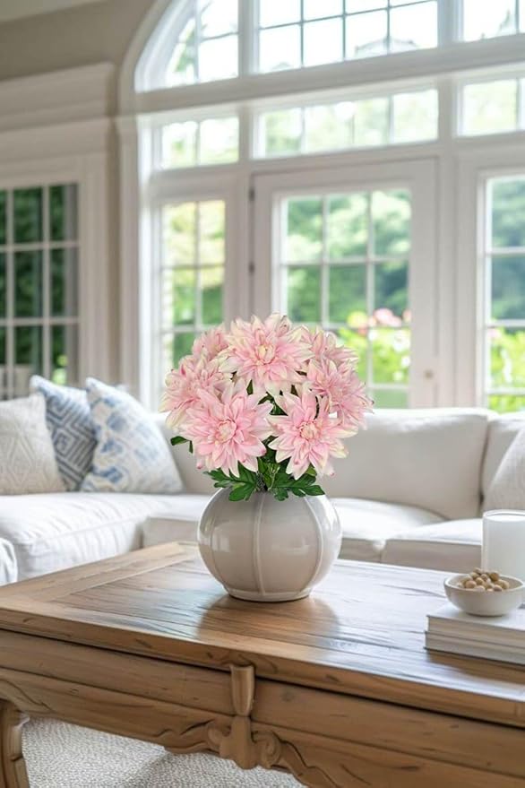 Hollyone 15.7" Pink Artificial Dahlia Flowers Bush 7 Heads Silk Fake Dahlias Flowers with Stems Wedding Bouquets Faux Dahlia Flowers Arrangements for Outdoor Indoor DIY Table Centerpieces Home Decor