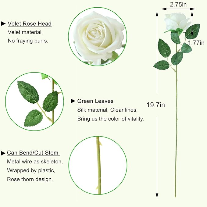 50Pcs White Roses Artificial Flowers Fake Roses Faux Velvet Silk Flower for Home Wedding Decoration (Pearl Rose, White)