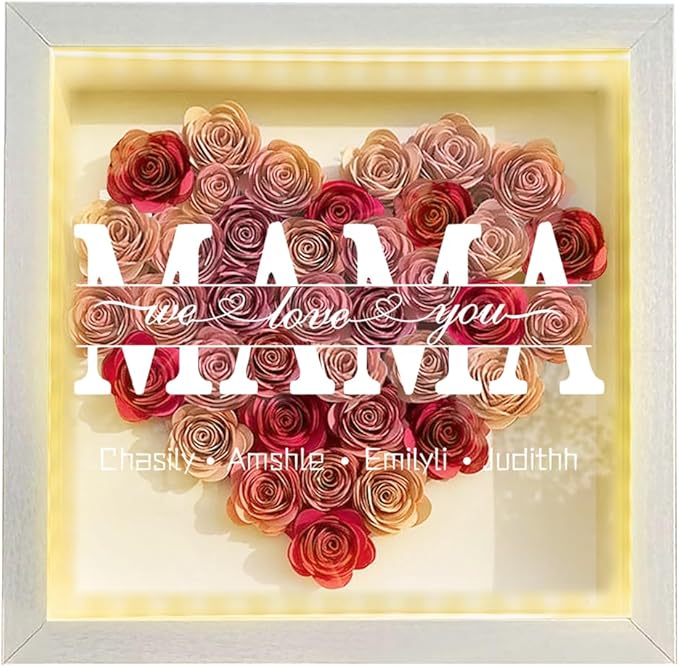 Personalized Mom Flower Shadow Box with LED Light Custom Heart Shaped Rose Flower Shadow Box Frame Mother's Day Rose Shadowbox Memory Gifts for Mom from Daughter Christmas Birthday,24