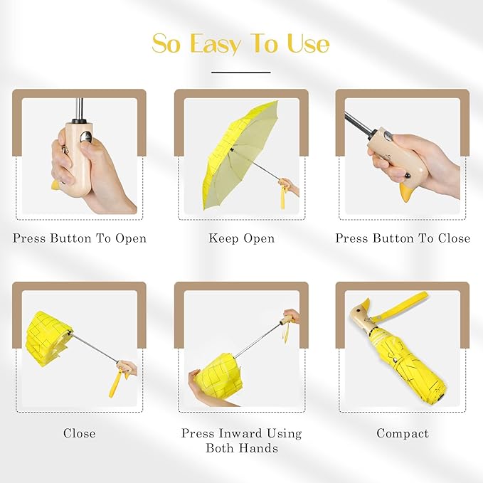 Cute Duck Umbrella Automatic - Compact Pretty Pocket Size Strong Duck Collapsible Umbrella Yellow Wooden Handle for Women