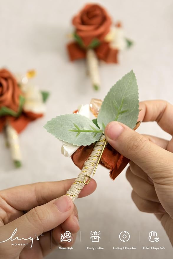 Ling's moment Boutonniere for Men, 10pcs Groomsmen Guest Boutonniere, Artificial Flowers for Wedding Décor/Prom/Homecoming,etc.Fall Terracotta Orange
