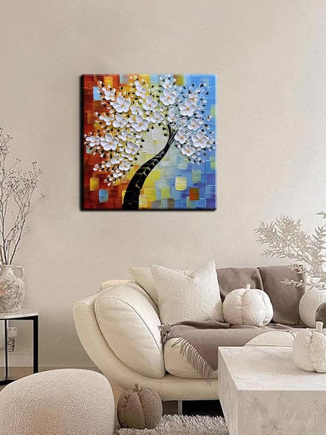 YaSheng Art -3D handmade paintings textured wall art Oil Painting On Canvas white Flowers Paintings Modern Home living room Wall Art Abstract canvas art picture Ready to hang 30x30inch