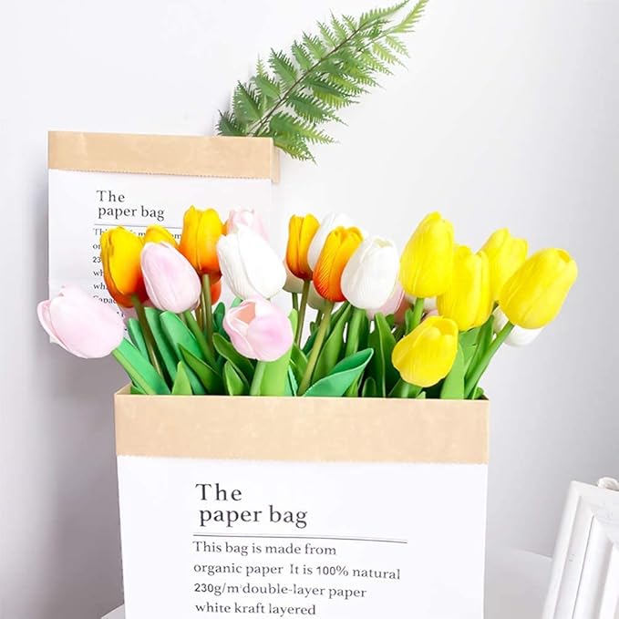 24pcs Artificial Tulips Flowers Fake Faux Tulip Bouquet Real Touch Flower Arrangement for Home Decoration Excellent Gift Idea for Mothers Day (Pink and Yellow)