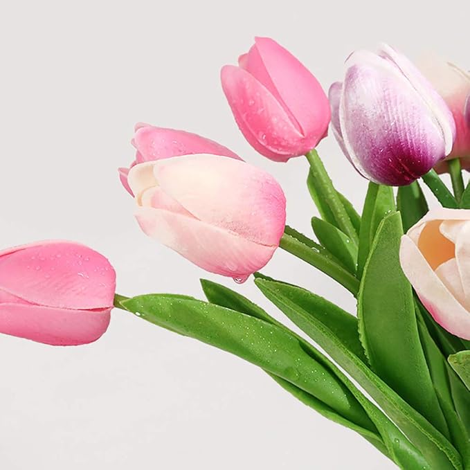IPOPU Pink Tulips Artificial Flowers 24PCS Real Touch Tulips Flowers Fake Pink Tulips Faux Flowers for Home Decoration Wedding Bouquet Party Baby Shower Centerpieces Bridal Bouquet Decor