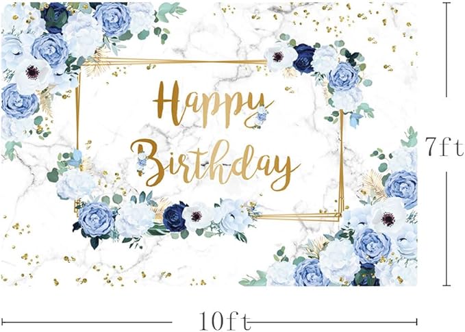 MEHOFOND 10x7ft Happy Birthday Backdrop Blue and White Flowers Bday Photography Background Girls Geometric Gold Glitter Dots Birthday Floral Party Decorations Cake Smash Decor Studio Photo Props