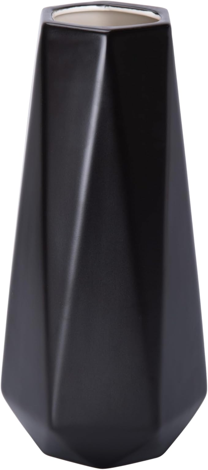 D'vine Dev 11 Inch Matte Black Ceramic Vase, Geometric Handmade Craft Flower Vase with Design Box Packaged, VS-GM-MB-11