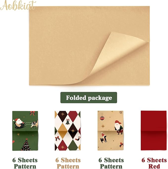 Aobkiat Christmas Tissue Paper for Bags,24 Sheets Red Green Santa Claus Reindeer Styles Gift Wrap Paper for Present Package,Wrapping Xmas Gift/Wine Bottles,DIY Craft,20×15inch/Sheets