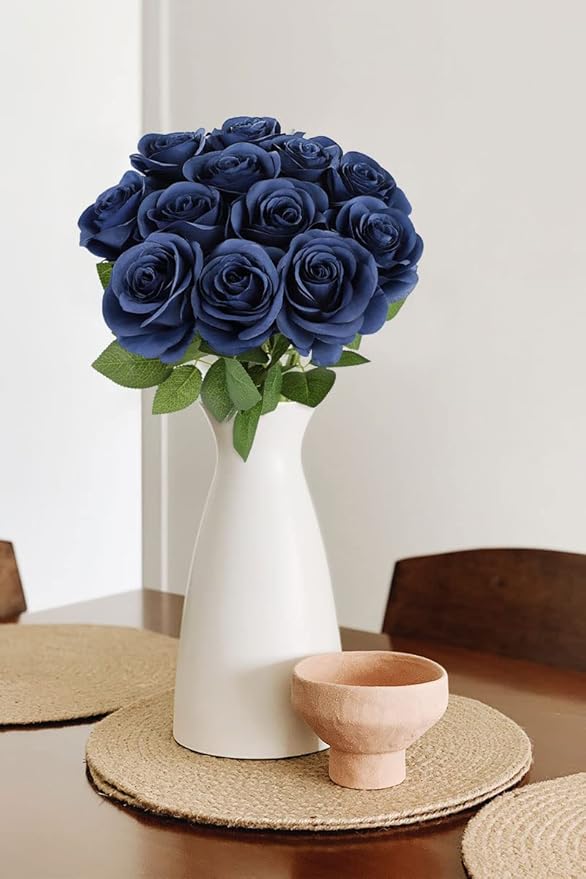 12pcs Roses Artificial Flowers Navy Blue Fake Roses Flowers with Long Stems Silk Flowers for Wedding Bouquet Centerpices Decorations Party Bridal Baby Shower Home Decor