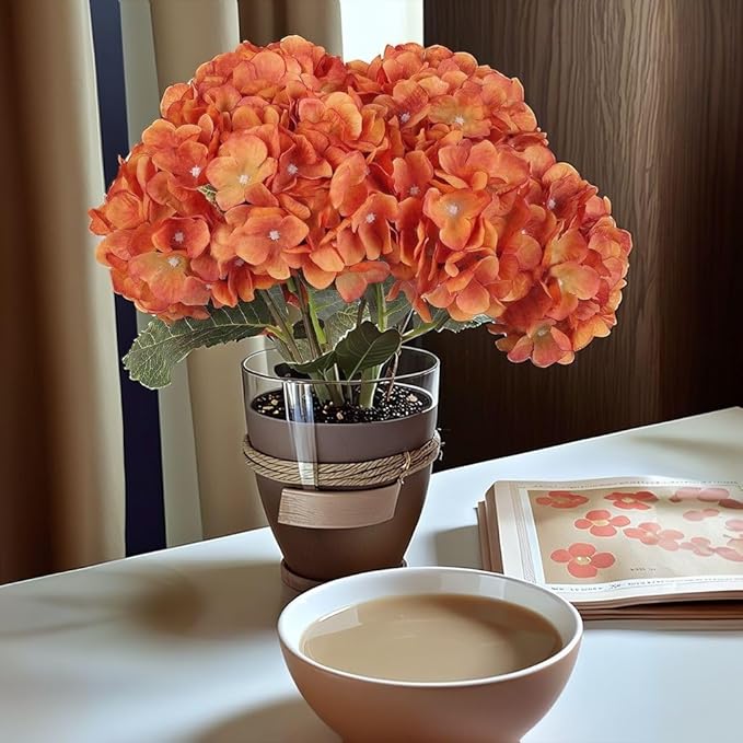 2Bouquets Artificial Fake Flowers Plants Silk Hydrangea Arrangements Wedding Bouquets Decorations Plastic Floral Home Kitchen Garden Party Festival Bar DIY (Orange,5 Flower Heads)