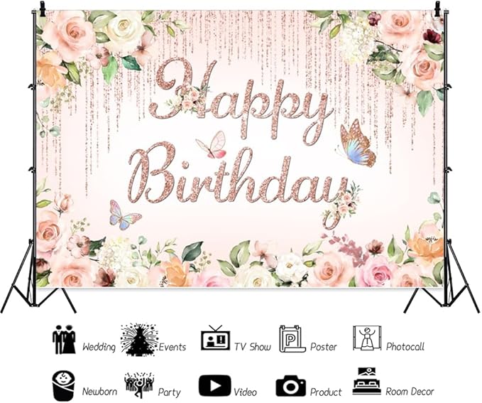 ChloropLastid 5x3ft Pink Floral Birthday Backdrop Rose Gold Glitter Flower Blossom Butterflies Happy Birthday Photography Background for Girls Princess Bday Party Decorations Banner Photo Props