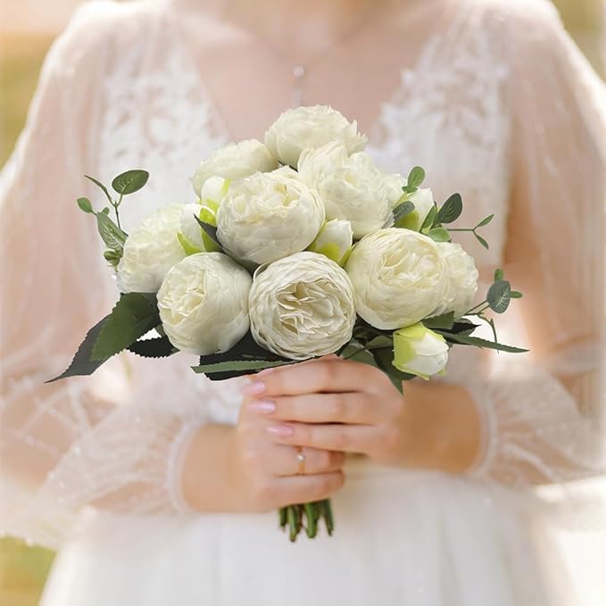Artificial Peony Flowers, 4Pcs Silk Peonies Fake Peony Bouquets for Home Wedding Office Party Decor (White)