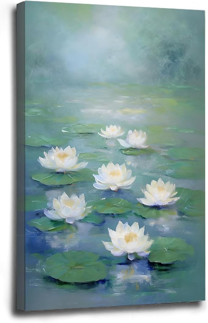 Zen wall art Delicate white lotus flower floating on calm water Vintage oil painting print Serene aquatic wall art creates a tranquil home decor 28x40in Wood Framed