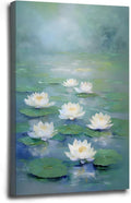 Zen wall art Delicate white lotus flower floating on calm water Vintage oil painting print Serene aquatic wall art creates a tranquil home decor 24x36in Wood Framed