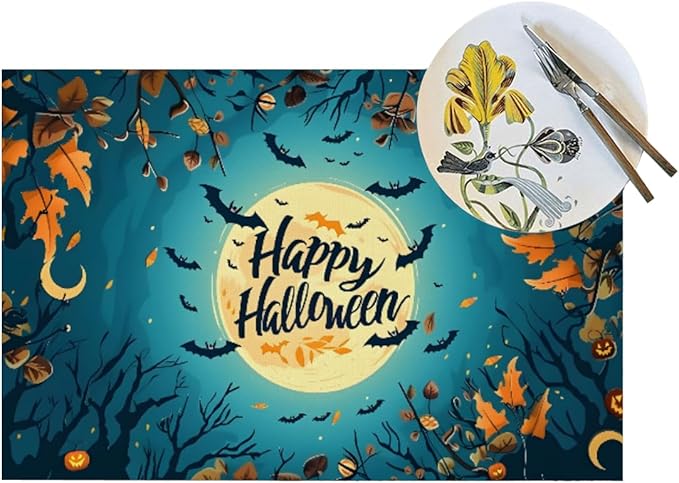PVC Placemats Set of 4 Wipeable Table Mats Washable Heat Resistant Non Slip Vinyl Dining Table Mat for Kitchen Indoor Outdoor Patio Farmhouse Place Mats Halloween Bat Maple Decorative