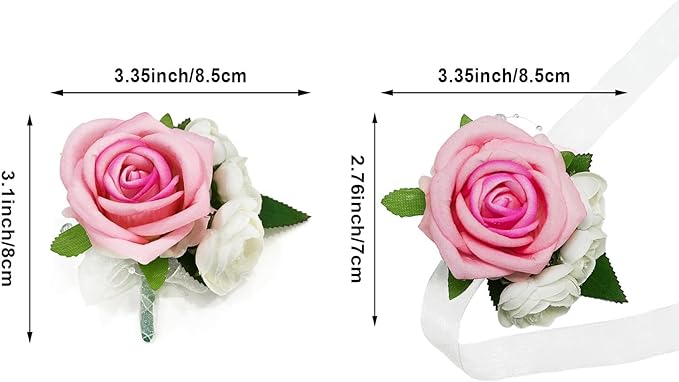 Wrist Corsage and Boutonniere Set, Artificial Rose Corsage Wristlet and Boutonniere for Wedding Prom Party (Pink, 4pcs)