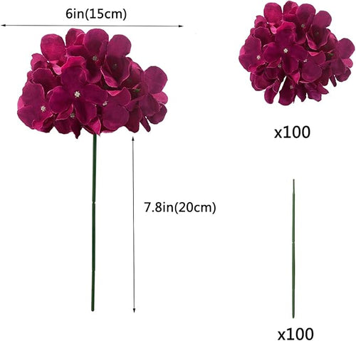 100PCS Artificial Hydrangea Flowers, Fake Flowers Silk Hydrangea Full Flowers Heads with Stems for Wedding Home Party Shop Baby Shower Decor (Fuchsia)