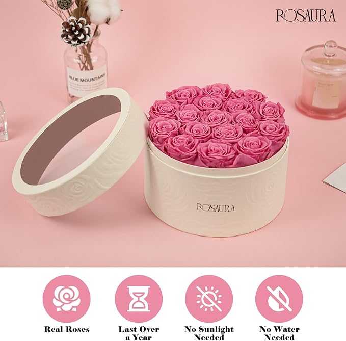 Rosaura Round Preserved Roses Gift Box - Real Forever Flowers for Birthday, Valentine's & Mother's Day (Pink, 17 Roses)