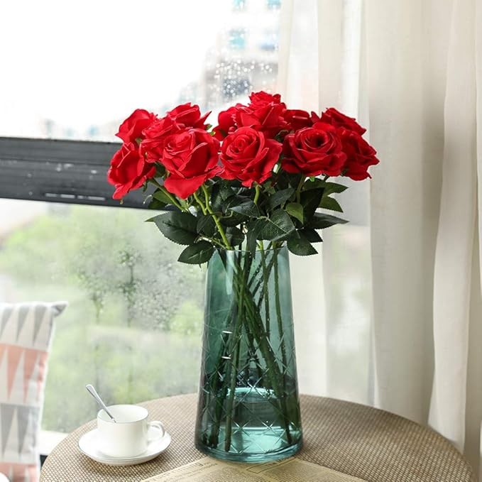 Nubry Artificial Silk Rose Flower Bouquet Lifelike Fake Rose for Wedding Home Party Decoration Event Gift 10pcs (Red)