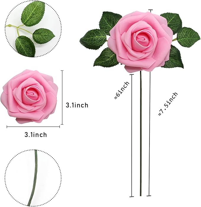 Artificial Roses Flowers 50pcs Real Looking Foam Fake Roses with Stems for DIY Wedding Bouquets Bridal Shower Centerpieces Party Decorations (50, Dark Pink)