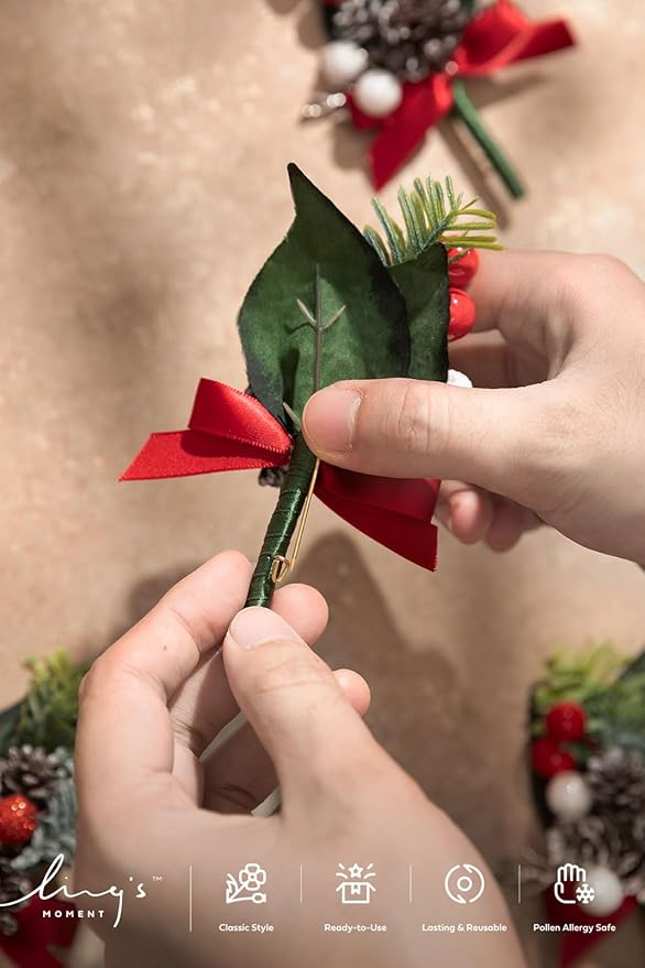 Ling's moment Boutonniere for Men, 6pcs Groom Groomsmen Boutonniere, Artificial Flowers for Wedding Decor/Prom/Homecoming, etc.Christmas Red Berry