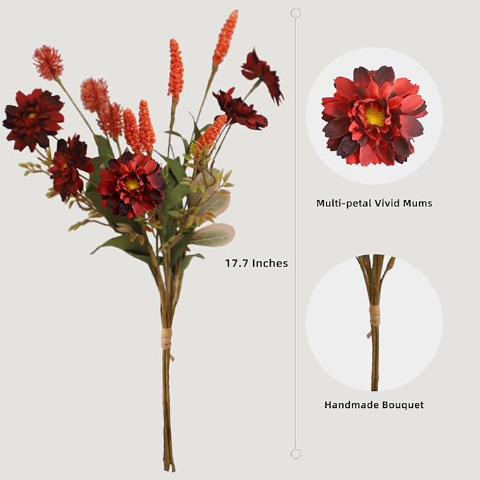 KBREE Artificial Fall Mums Bouquet, 4 Bunches Handmade Faux Daisy Flowers with Grain Stems & Foxtail, 17.7" Natural Farmhouse Mums Bouquets for Autumn Home Decor & Table Centerpieces (Maroon Red)