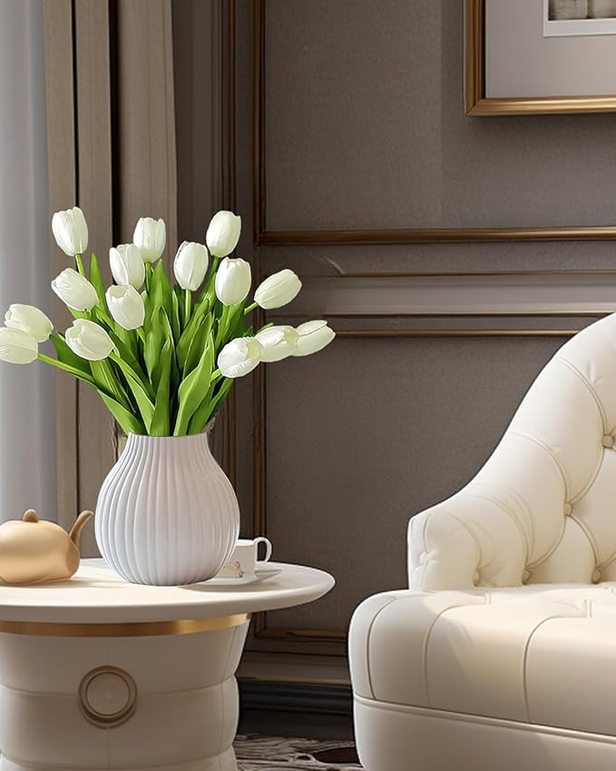 12pcs White Artificial Tulips Silk Faux Flowers Real Touch for Wedding Bouquet, Home Decor, Party Centerpiece, Table Decor, Mother's Day Easter Spring Gifts
