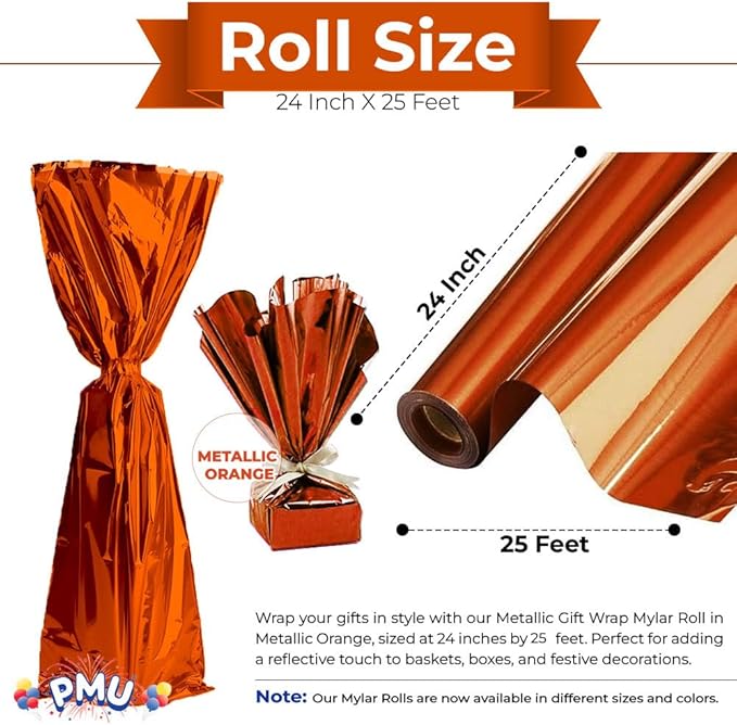 PMU (2 Gift Wrap Mylar Roll Metallic Orange 2-sided, 24 Inches X 25 Ft Roll 1.4 Mil Highly Reflective Mylar Film, Great for Gifts, Birthdays, Christmas, Baskets, Arts & Crafts