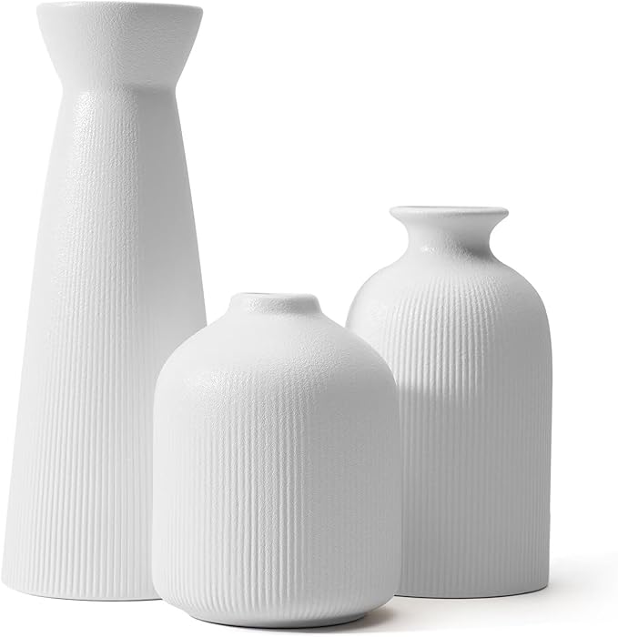 Christmas White Ceramic Flower Vases Set of 3, Large Xmas Gift Vases with Vertical Stripe Texture, Modern Decorative Vases for Dried Flowers, Home Decor for Living Room Bedroom Kitchen Shelf