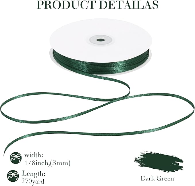 TONIFUL 1/8 Inch x 200 Yards Dark Green Thin Solid Satin Ribbon Giant Spool Double Face Ribbons for Crafts Hanging Tags Invitation Card Balloons Bouquet Hair Gift Wrapping Party Decoration