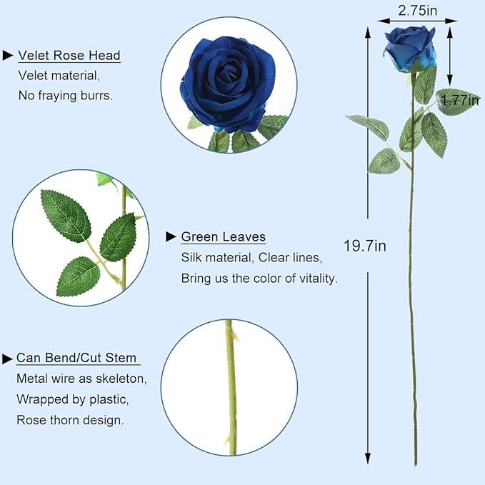 50Pcs Blue Roses Artificial Flowers Fake Roses Faux Velvet Silk Flower for Home Wedding Decoration (Pearl Rose, Blue)