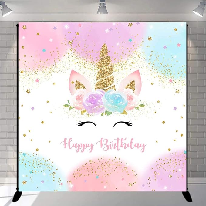 Mocsicka Unicorn Birthday Decorations Unicorn Backdrop for Girls Birthday Party 6x6ft Pastel Rainbow Unicorn Glitter Stars Dots Happy Birthday Banner Photo Booth Props