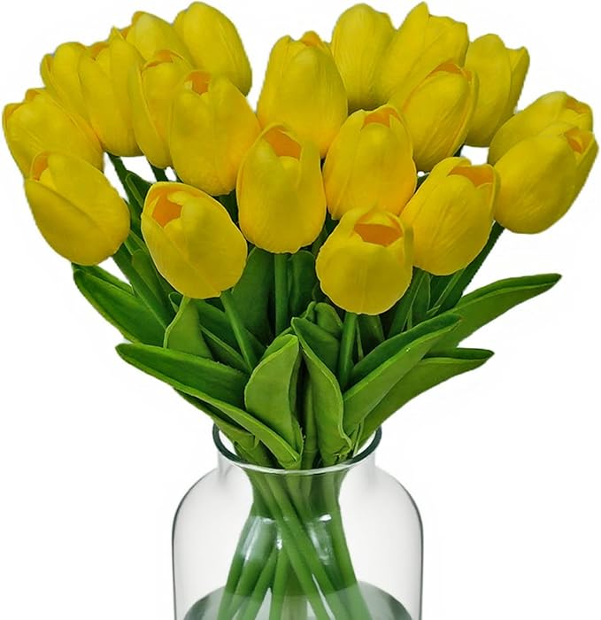 20pcs Fake Tulips PU Yellow Tulips Artificial Flowers Faux Flowers 13.5 Inch Mother's Day Easter Valentine’S Day Gifts in Home Kitchen Spring Decorations For Home (Yellow)