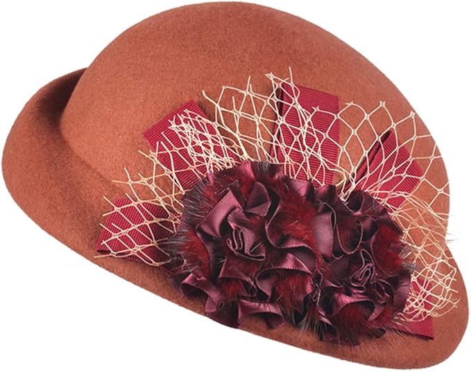 ORIDOOR Women Vintage 100% Wool Felt Flowers Bucket Cloche Bowler Hat Church Wedding Beret Hat